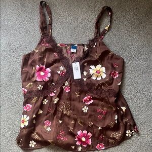 Old Navy Brown Floral Satin Cami with Lace Trim